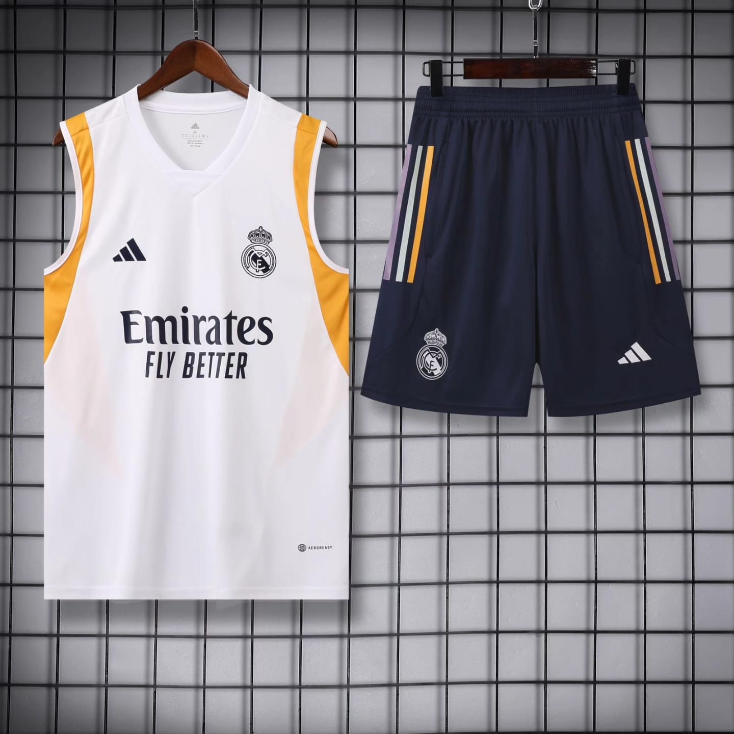 Real Madrid White Yellow Sleeveless Jersey with shorts